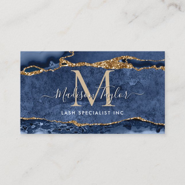 Navy Blue Gold Glitter Marble Agate Monogram Business Card (Front)
