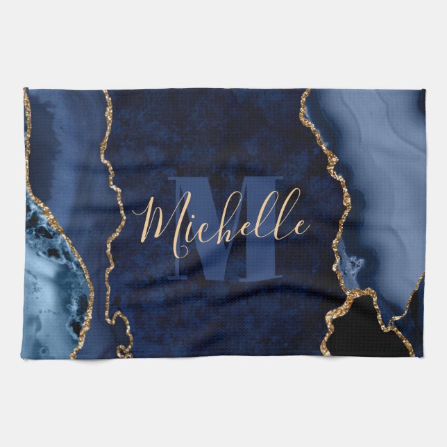 Navy Blue & Gold Glitter Marble Agate Monogram Tea Towel (Horizontal)