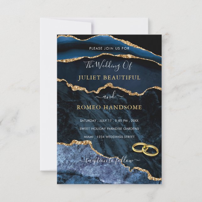 Navy Blue Gold Glitter Marble Wedding Invitation (Front)