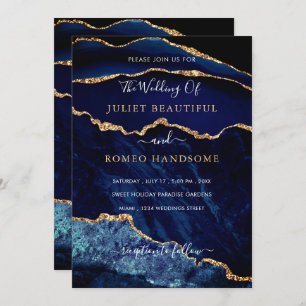 Navy Blue Gold Glitter Marble Wedding Invitation