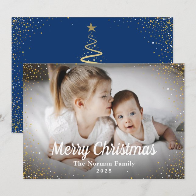 Navy Blue Gold Glitter Merry Christmas Photo Holiday Card (Front/Back)