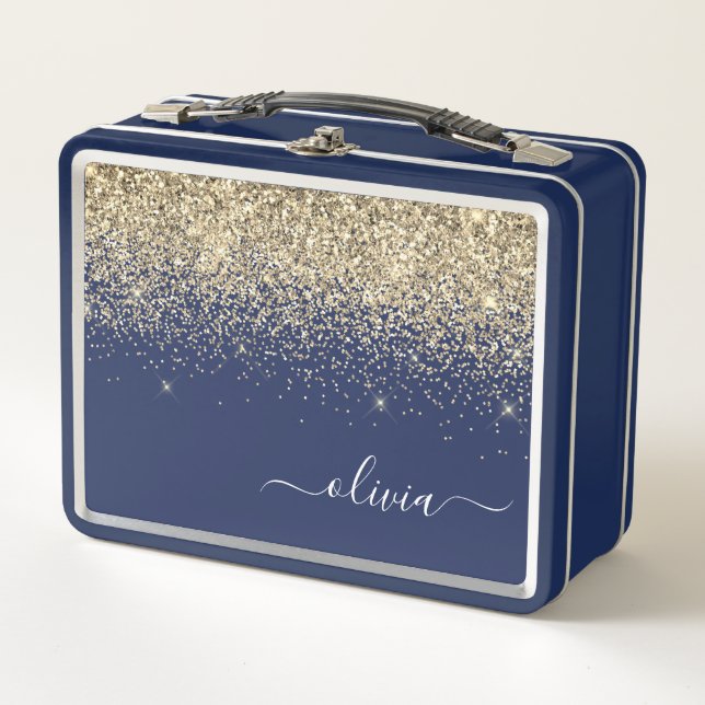 Navy Blue Gold Glitter Metal Girly Monogram Name Metal Lunch Box (Front)