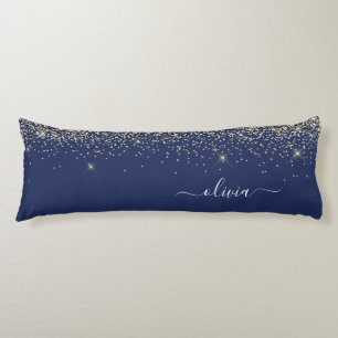 Navy Blue Gold Glitter Monogram Name Girly Body Cushion