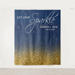 Navy Blue & Gold Glitter Peacock Wedding Custom Tapestry