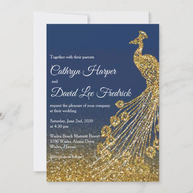 Navy Blue & Gold Glitter Peacock Wedding Invite (Front)