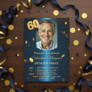 Navy Blue Gold Glitter Photo 60th Birthday Party Invitation