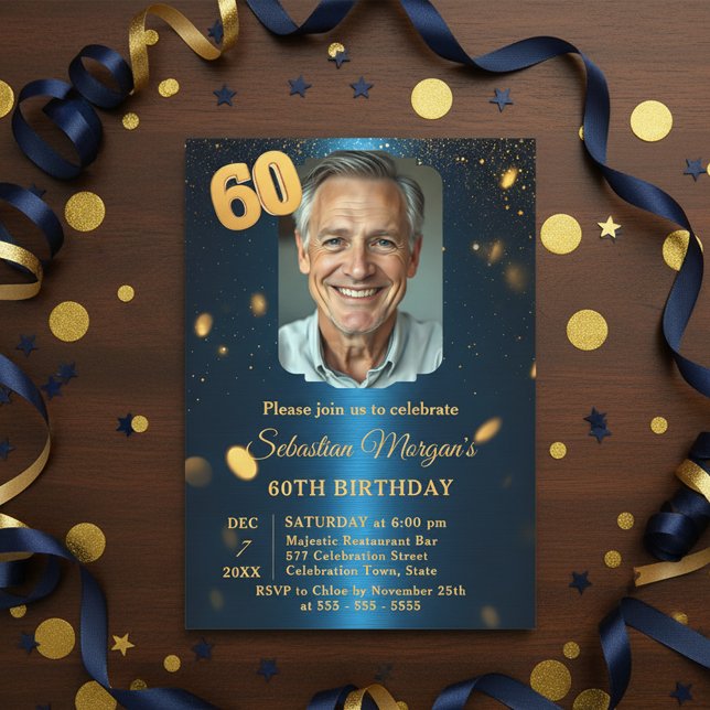 Navy Blue Gold Glitter Photo 60th Birthday Party Invitation (Creator Uploaded)