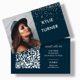 Navy Blue   Gold Glitter   Photo   QR Code  Business Card