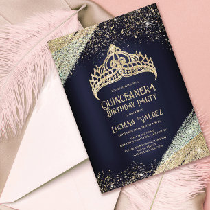 Navy Blue Gold Glitter Princess Tiara Quinceañera Invitation