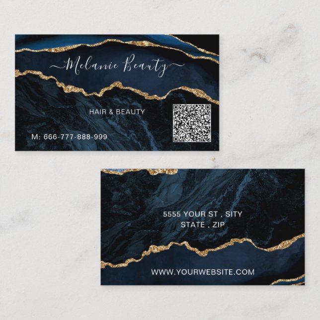 Navy Blue Gold Glitter QR Code Business Card (Front/Back)