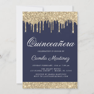 Navy Blue Gold Glitter Quinceañera Celebration Invitation