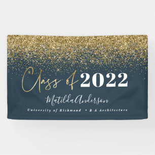 navy blue gold glitter script class of graduation banner