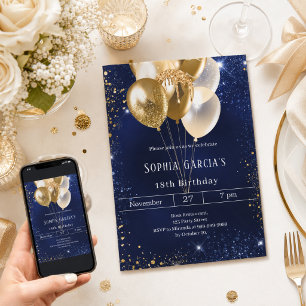 Navy blue gold glitter sparkle balloons birthday invitation