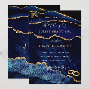Navy Blue Gold Glitter Sparkly Wedding Invitation