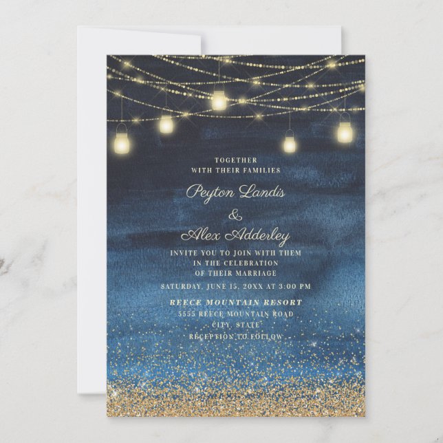 Navy Blue Gold Glitter String Light Wedding Invitation (Front)