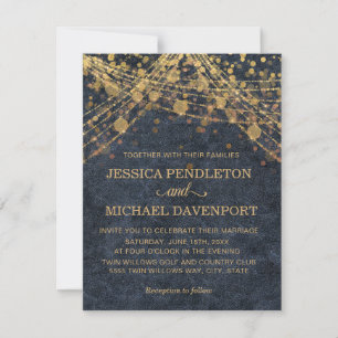 Navy Blue Gold Glitter String Light Wedding Invitation