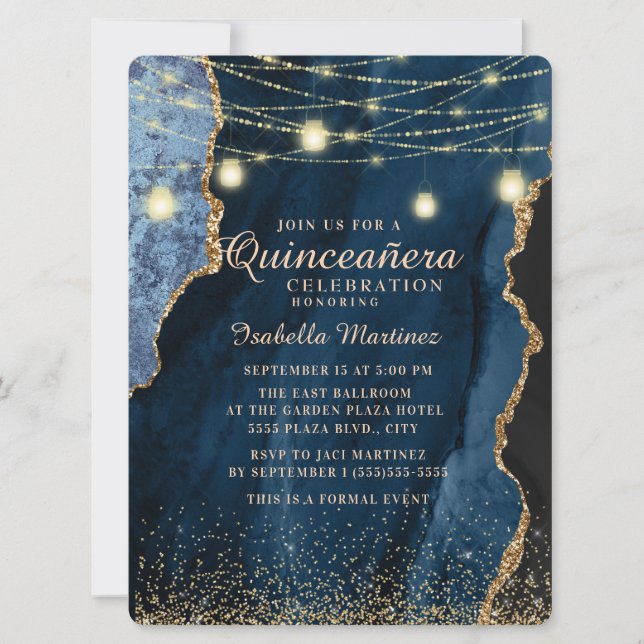 Navy Blue Gold Glitter String Lights Quinceañera Invitation (Front)