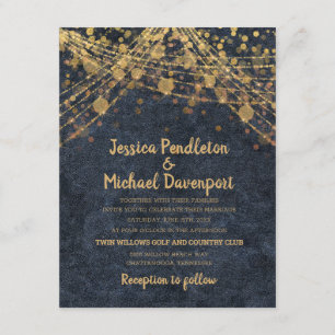 Navy Blue Gold Glitter String Lights Wedding Invitation