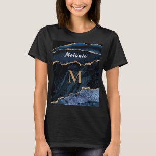 Navy Blue Gold Glitter T-Shirt Custom Name Letter