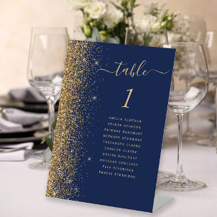 Navy Blue Gold Glitter Wedding Table Number Pedestal Sign
