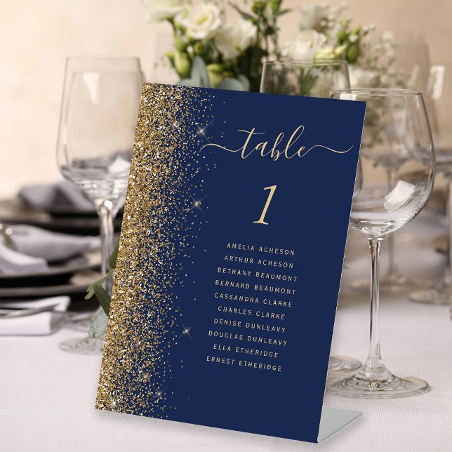Navy Blue Gold Glitter Wedding Table Number Pedestal Sign (Creator Uploaded)