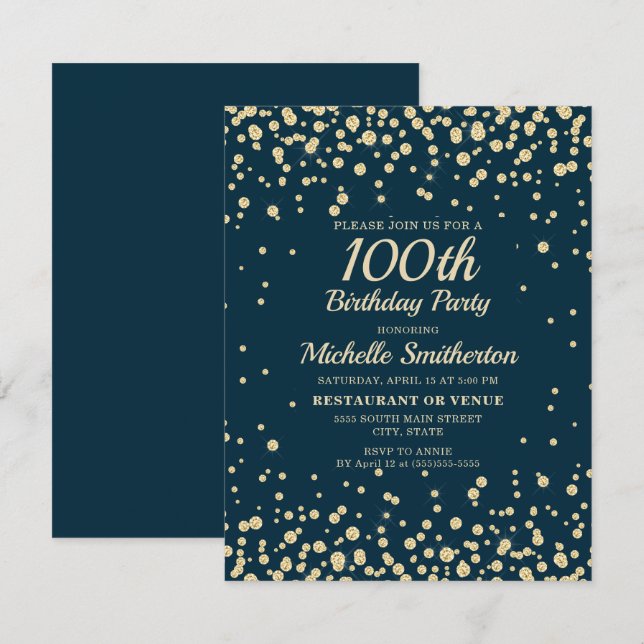 Navy Blue Gold Glitter Women 100th Birthday Card (Front/Back)
