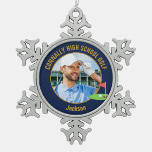 Navy Blue Gold Golfer Photo High School Golf Team Snowflake Pewter Christmas Ornament