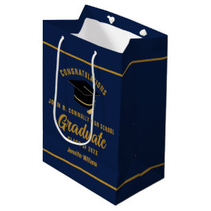Navy Blue Gold Graduate Custom Graduation Party Medium Gift Bag