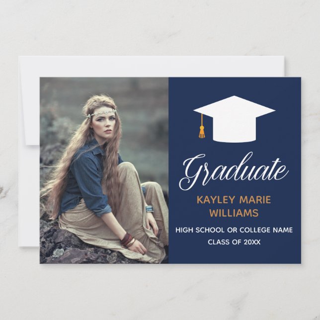 Navy Blue Gold Graduate Photo Modern Graduation Announcement (Front)