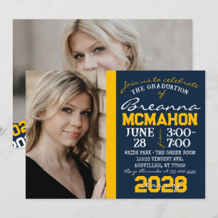 Navy Blue & Gold Graduation 2 Photo Invitation