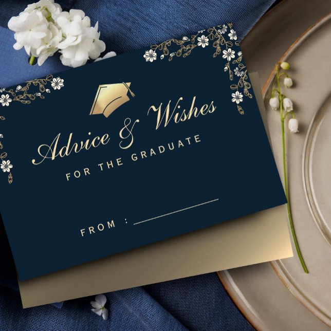  Navy Blue Gold Graduation Advice Enclosure Card (Elegant navy blue and gold graduation advice enclosure cards, floral Frame Luxury Graduation #advice)