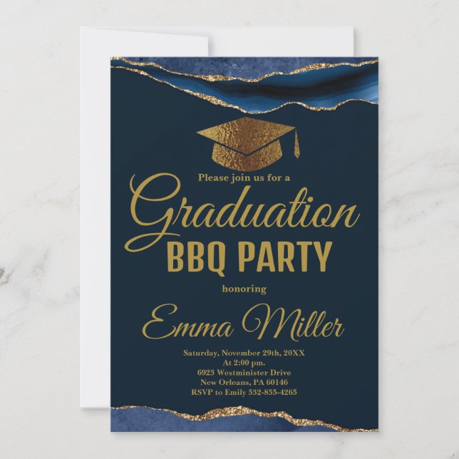 Navy Blue & Gold Graduation BBQ Party Invitation (Front)