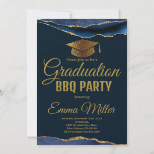 Navy Blue & Gold Graduation BBQ Party Invitation