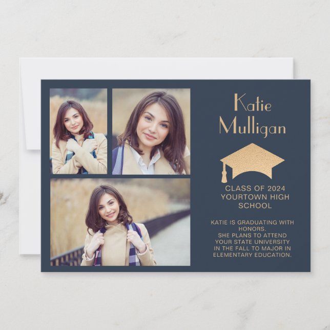 Navy Blue Gold Graduation Class of 2024 Photo (Front)