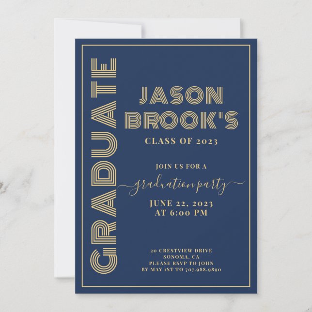 Navy Blue Gold Graduation Invitation (Front)