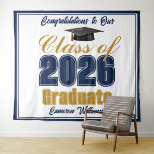 Navy Blue Gold Graduation Party 2026 Photo Booth Tapestry
