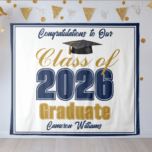 Navy Blue Gold Graduation Party 2026 Photo Booth Tapestry