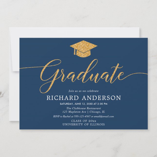 Navy blue gold graduation party Graduate Invitation (Front)