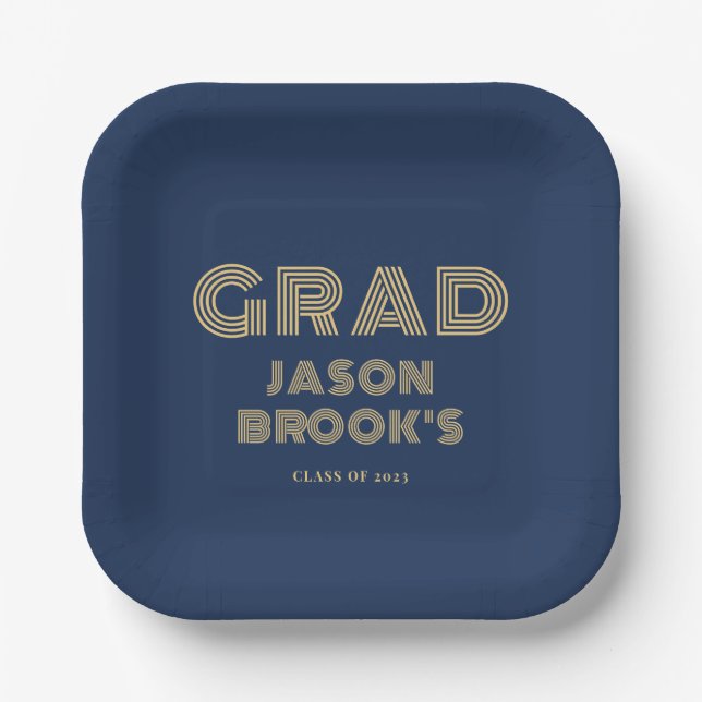 Navy Blue Gold Graduation Party Paper Plate (Front)
