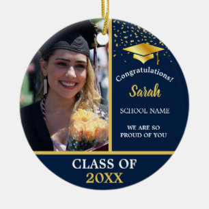 Navy Blue Gold Graduation Photo Class Of 2024 Ceramic Tree Decoration