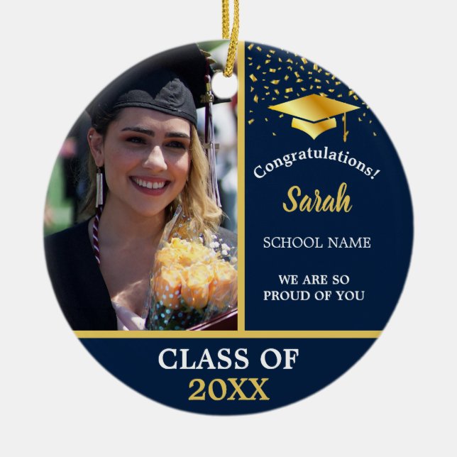 Navy Blue Gold Graduation Photo Class Of 2025 Ceramic Tree Decoration (Front)