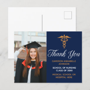 Navy Blue Gold Graduation Photo Medical Thank You Postcard