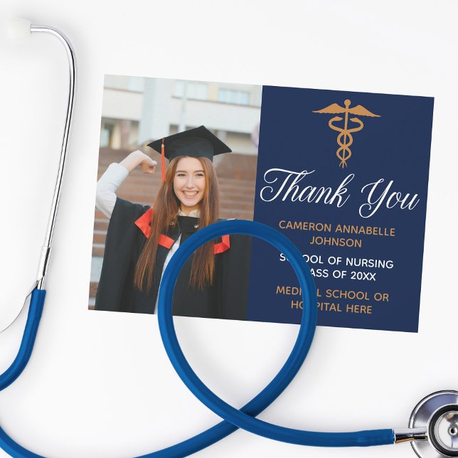 Navy Blue Gold Graduation Photo Nurse or Doctor Thank You Card (Creator Uploaded)