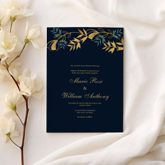 Navy blue gold grayish cyan foliage Wedding Invitation