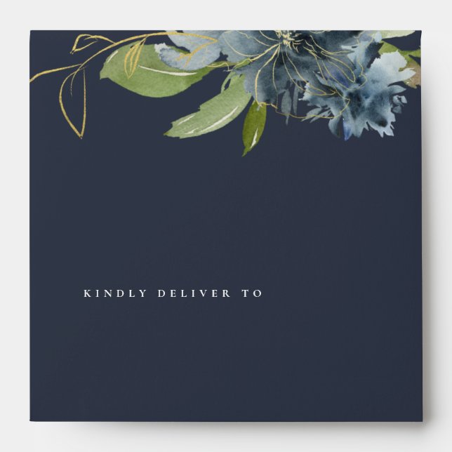 NAVY BLUE GOLD GREEN FLORAL WATERCOLOR ADDRESS ENVELOPE (Front)