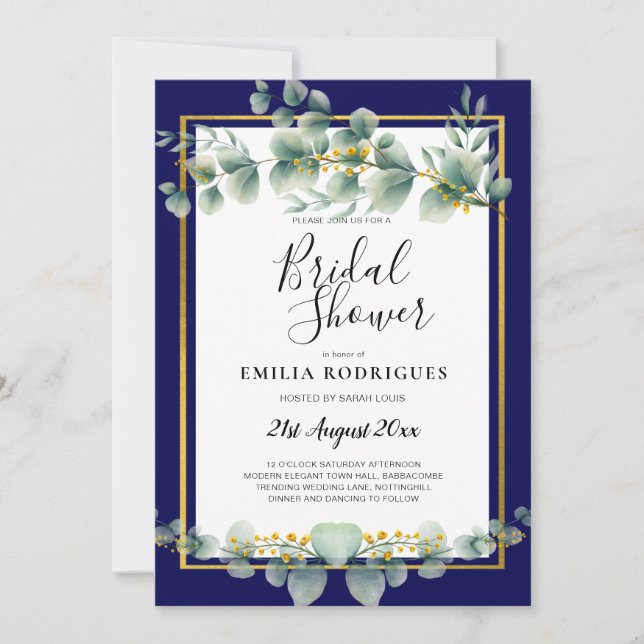 NAVY BLUE GOLD Greenery Eucalyptus BRIDAL SHOWER Invitation (Front)