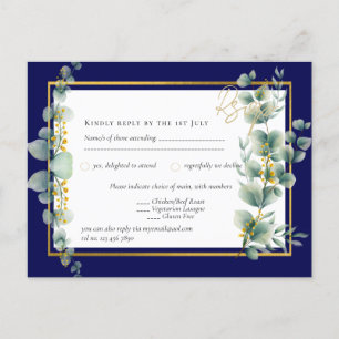 NAVY BLUE GOLD Greenery Eucalyptus Wedding RSVP Postcard