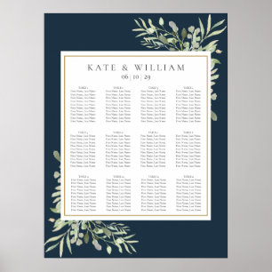 Navy Blue Gold Greenery Wedding Seating Chart