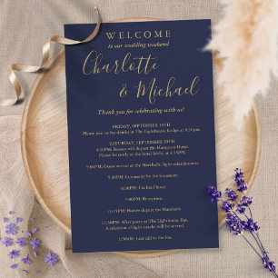 Navy Blue Gold Guest Wedding Weekend Program