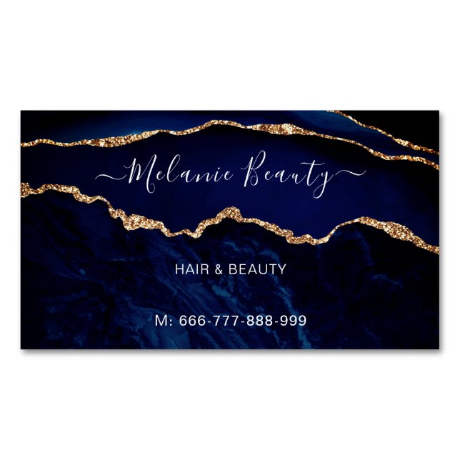 Navy Blue Gold Hair Beauty Business Card Magnet (Front)